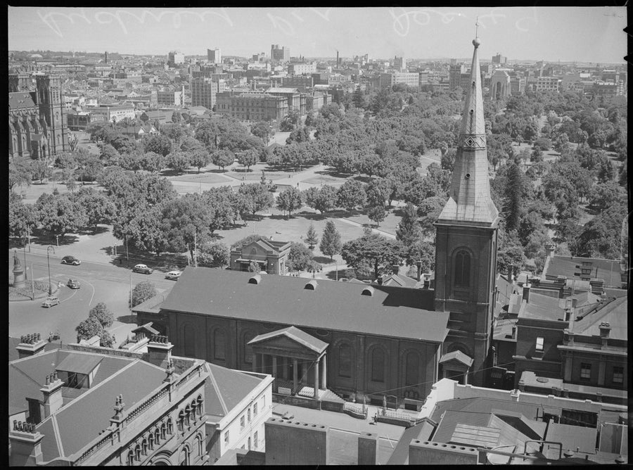St James' Church and Hyde Park from above — photograph, from St James' Church, King Street, Sydney, circa 1949