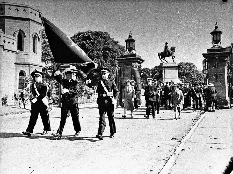 St John Ambulance Brigade marching through the Government House gates, Sydney, 1940 — photograph, from Government House, circa 1940