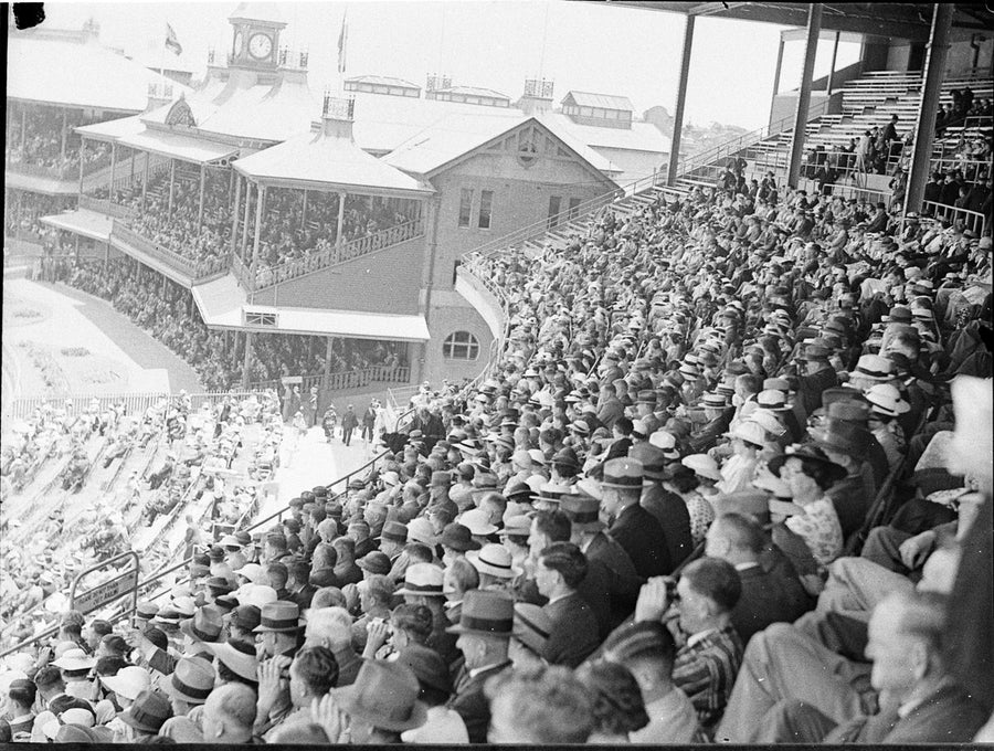 Spectators and timber grandstands, Sydney Cricket Ground — photograph, from Sydney Cricket Ground, Moore Park, Sydney, circa 1936