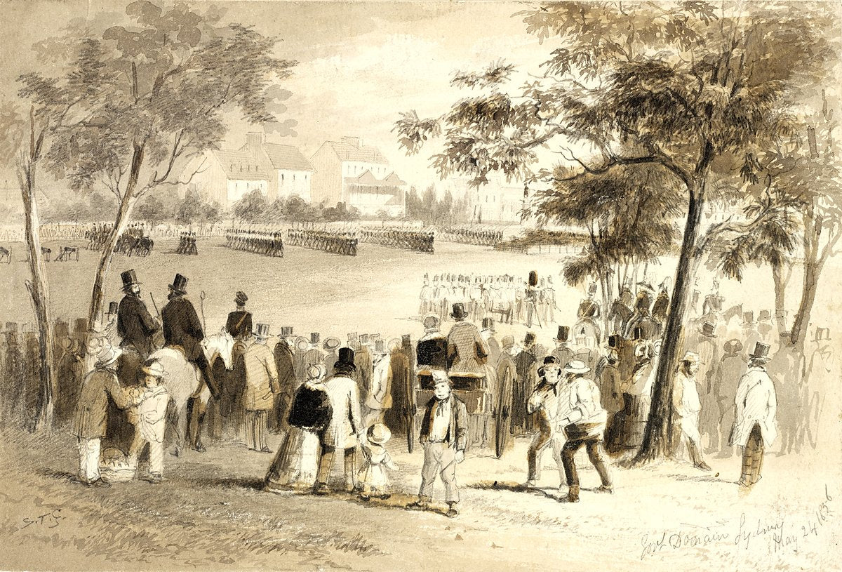 God Save the Queen — troops on parade before a crowd — illustration, 1856