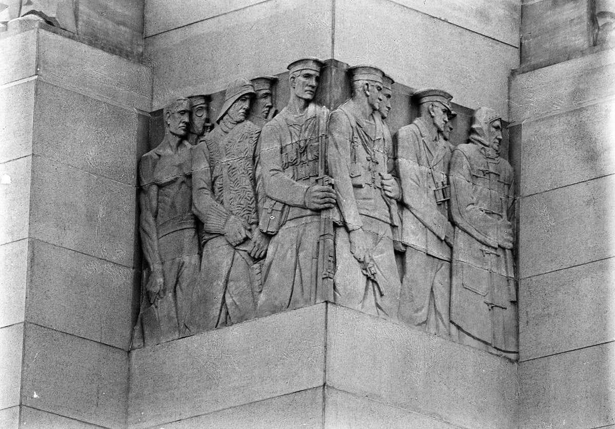 Bas-relief of servicemen on the Anzac Memorial, Hyde Park — photograph, from Anzac Memorial, circa 1934