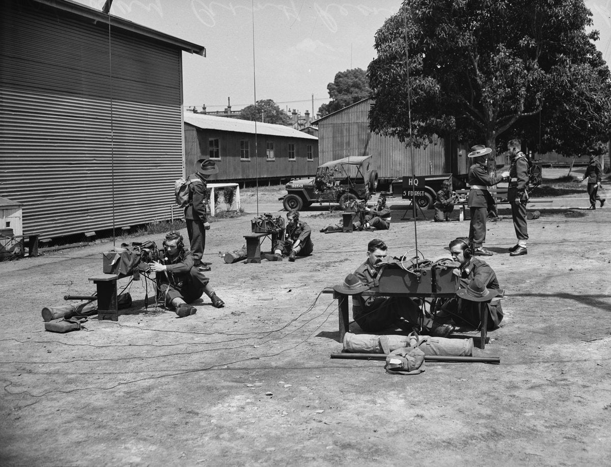 Signallers with field radios, Marrickville Army Depot — photograph, from Marrickville, circa 1948