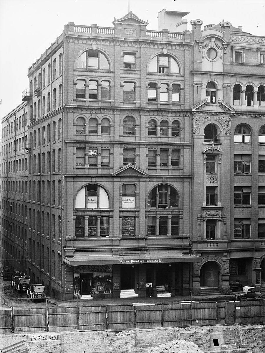 Corner office building dated 1893, William Brooks & Company storefront, Sydney — photograph, from Sydney CBD, circa 1924