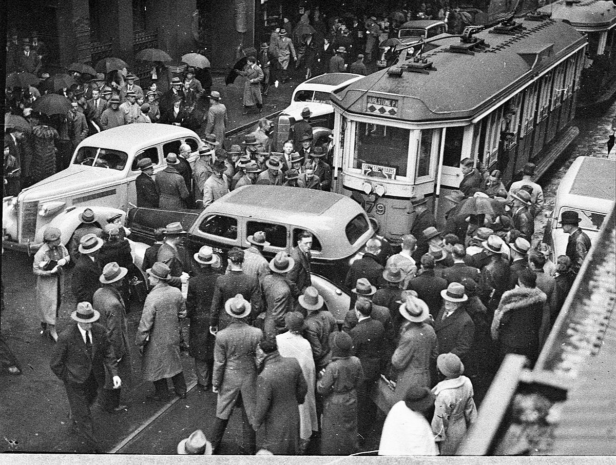 Tram and taxi smash in Pitt Street — photograph, from Pitt Street, circa 1937