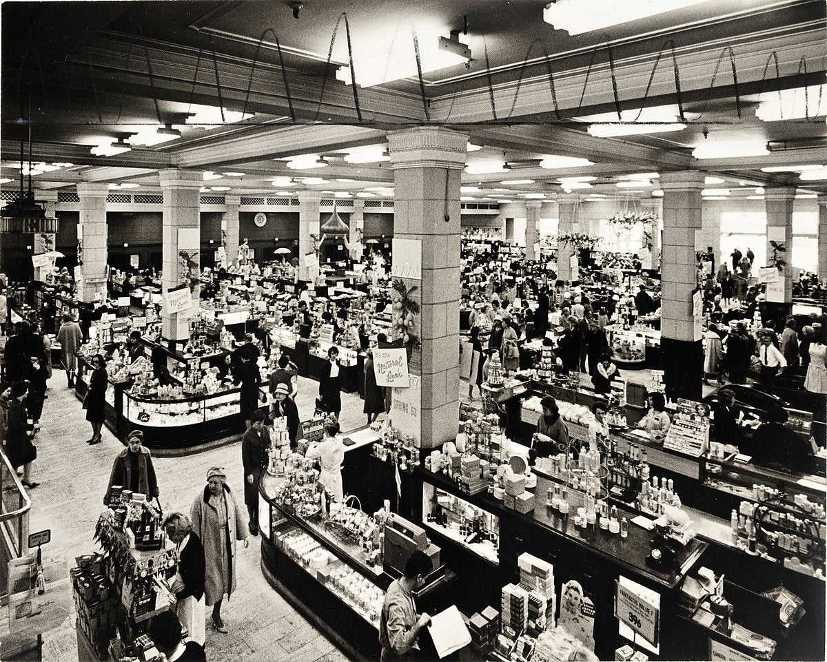 Cosmetics floor, David Jones Elizabeth Street store, Sydney, 1963 — photograph, from Castlereagh Street, circa 1963
