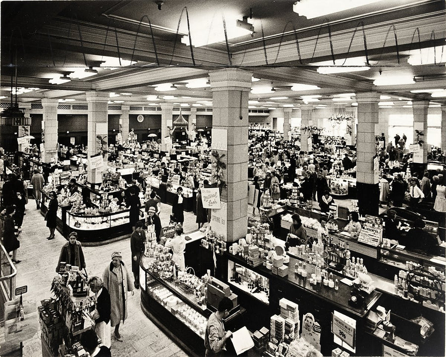 Cosmetics floor, David Jones Elizabeth Street store, Sydney, 1963 — photograph, from Castlereagh Street, circa 1963