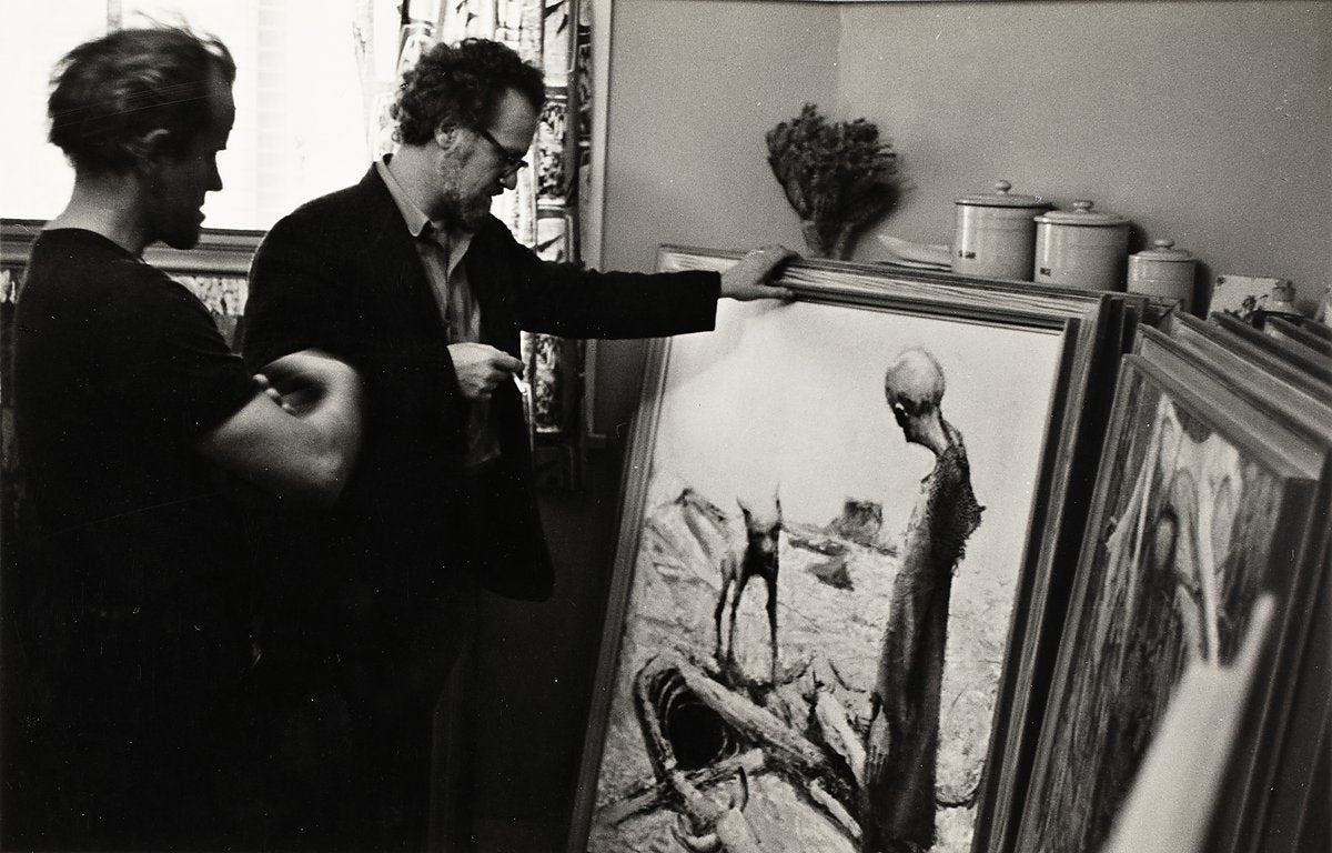 Walkabout picture file: Clifton Pugh canvases examined in a studio — photograph, circa 1979