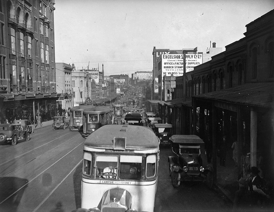 Trams and a Campsie bus on Broadway, Sydney, 1927 — photograph, from Broadway, circa 1927
