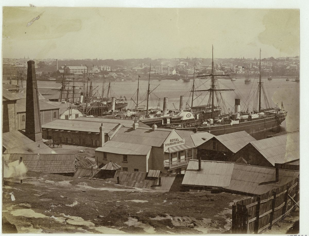 Royal Standard Hotel and the wharves of Darling Harbour — photograph, from Royal Standard Hotel, Sussex Street, Darling Harbour, Sydney, circa 1870
