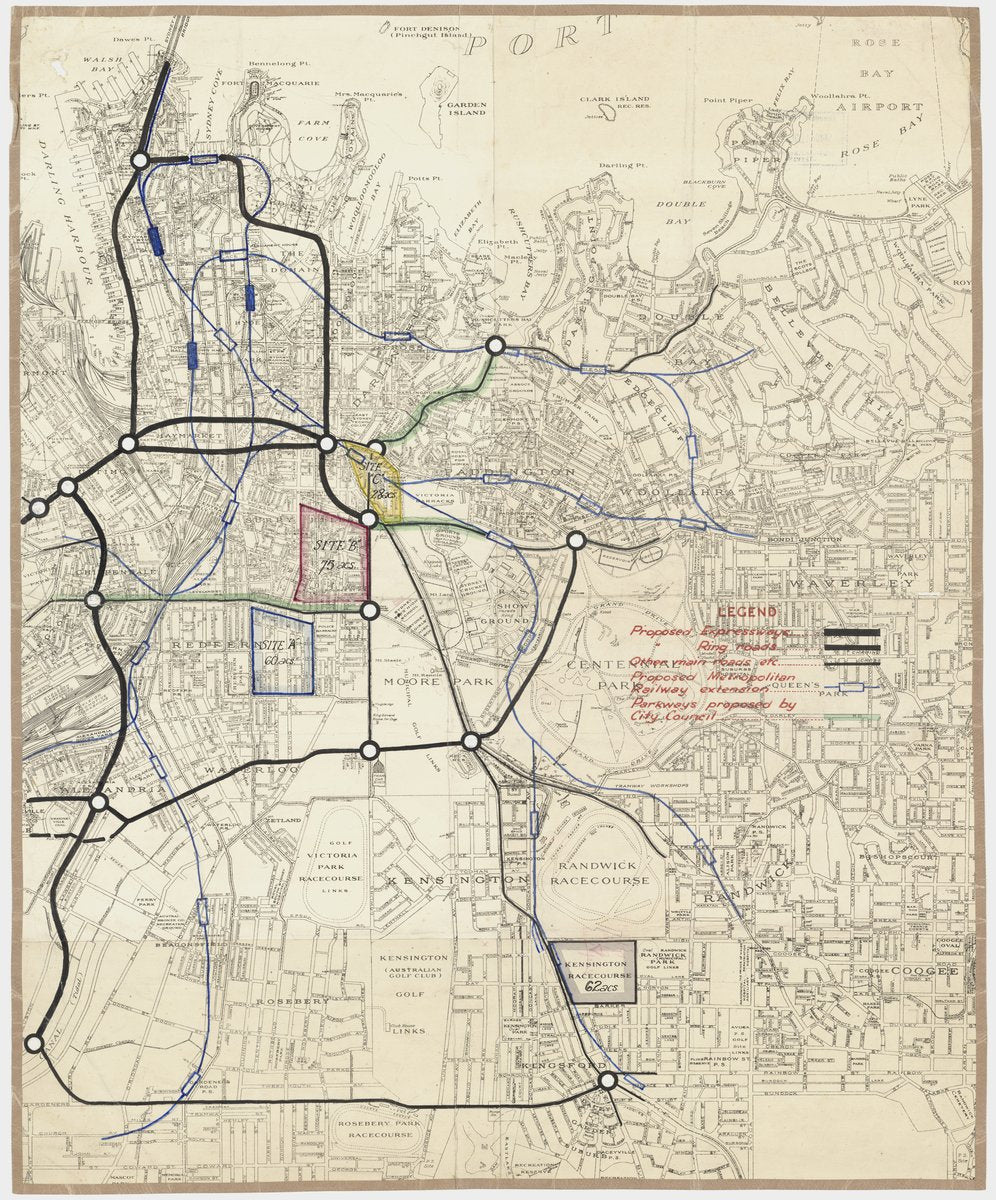 Proposed Sydney expressways, ringroads and railway extension, 1952 — map, from null, circa 1952