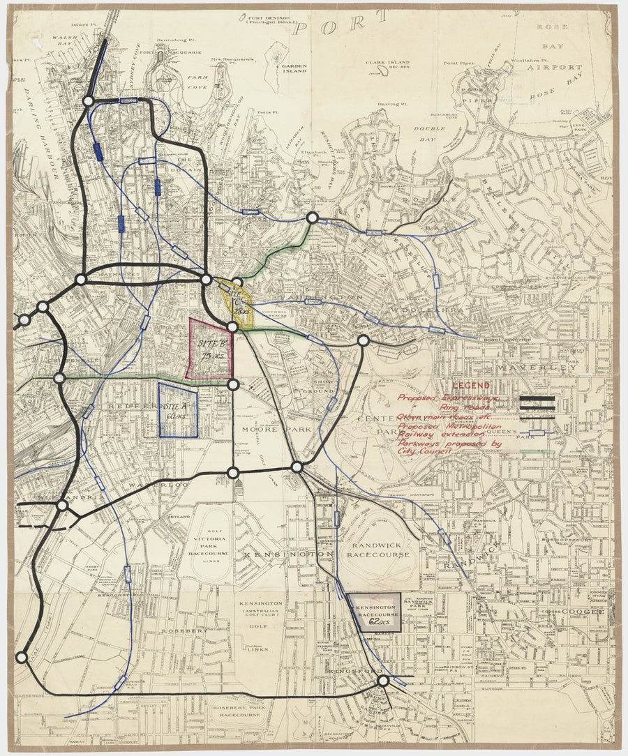 Proposed Sydney expressways, ringroads and railway extension, 1952 — map, from null, circa 1952