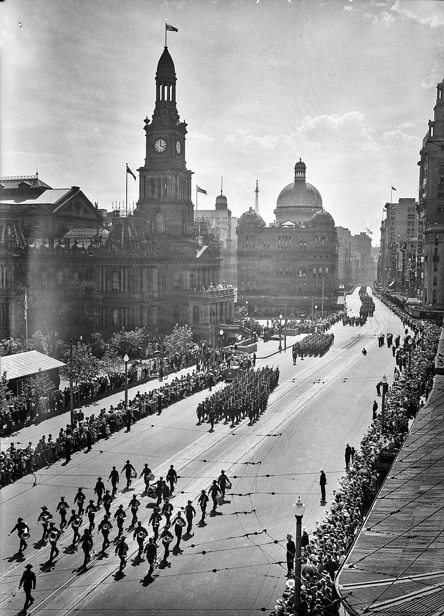 2nd AIF route march past Sydney Town Hall, George Street — photograph, from Sydney Town Hall, circa 1940