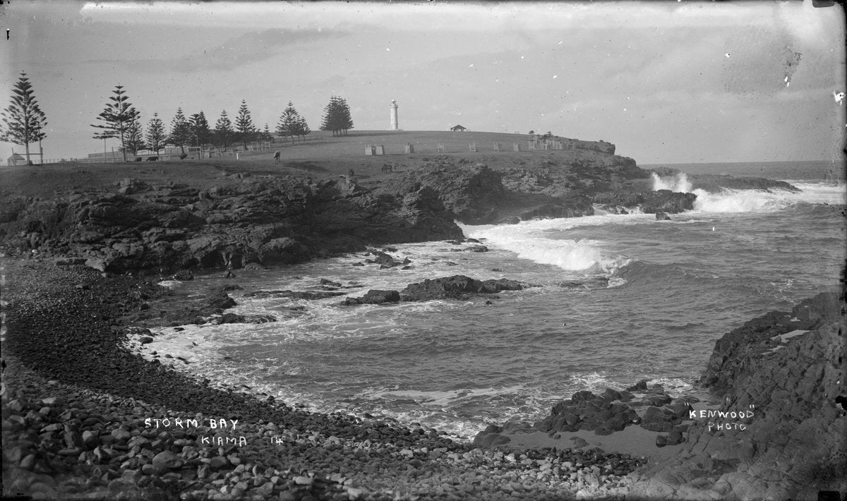 Surf breaking over the rocks at Storm Bay, Kiama — photograph, from Development of Storm Bay as a Rotary Park, circa 1920