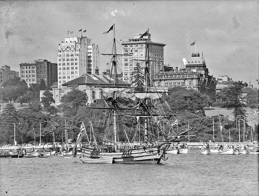 HMAT Supply replica at anchor in Farm Cove, 1938 — photograph, from Farm Cove, circa 1938