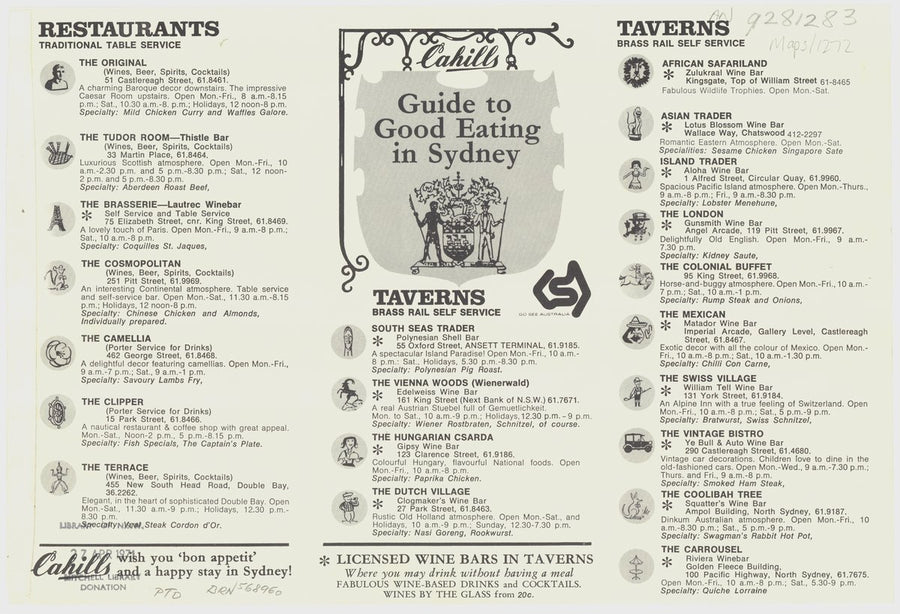 Cahills "Guide to Good Eating in Sydney" — restaurant and tavern directory — map, from null, circa 1970
