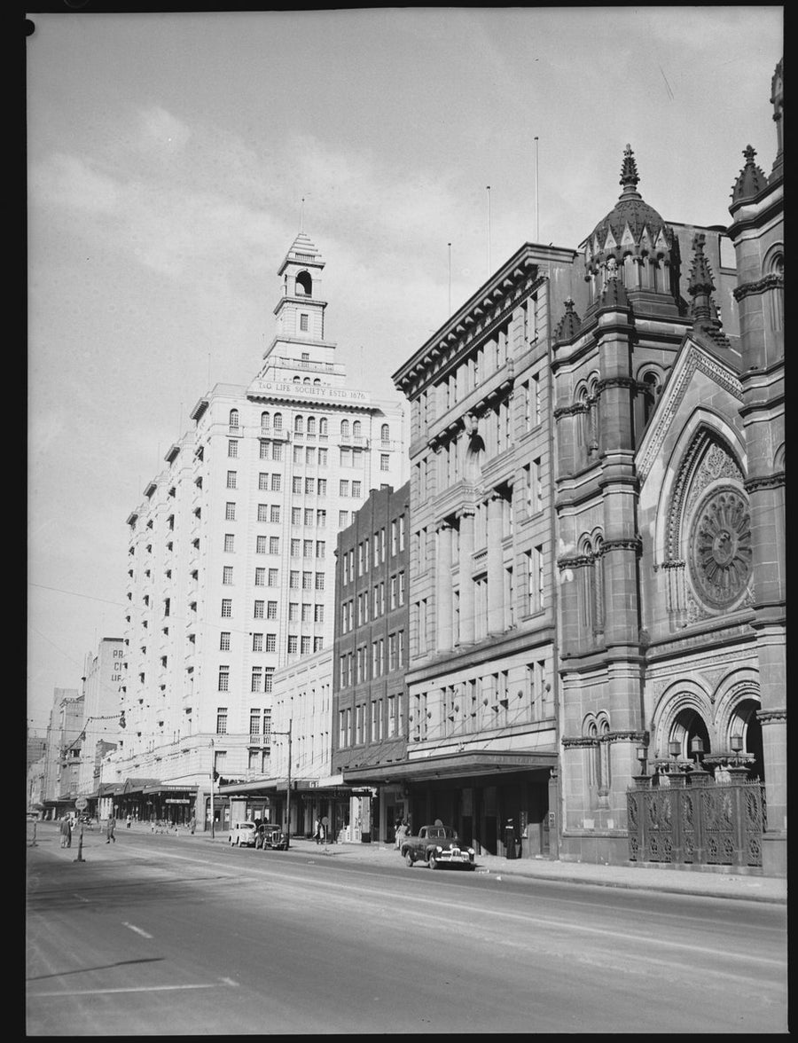 Collins Street, Melbourne: St Michael's Church and the T&G tower — photograph, from Collins Street, Melbourne, Victoria, circa 1951