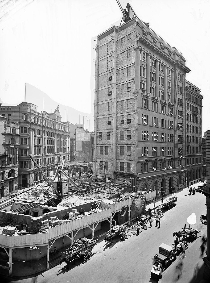 Sydney Morning Herald offices under construction, Pitt and O'Connell Streets, c. 1924 — photograph, from Pitt Street, circa 1924