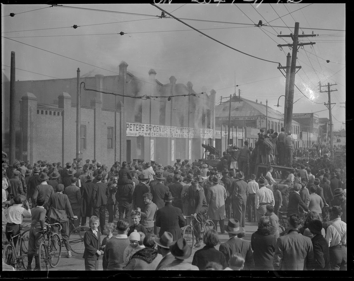 Crowd at the Bryden & Peters motor body works fire, Phillip Street — photograph, from Bryden & Peters Motor Body Builders, Phillip Street, Redfern, circa 1934