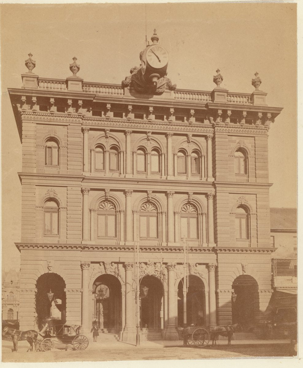 General Post Office, Sydney, with the projecting three-faced clock — photograph, from Sydney General Post Office, Martin Place, Sydney, circa 1878