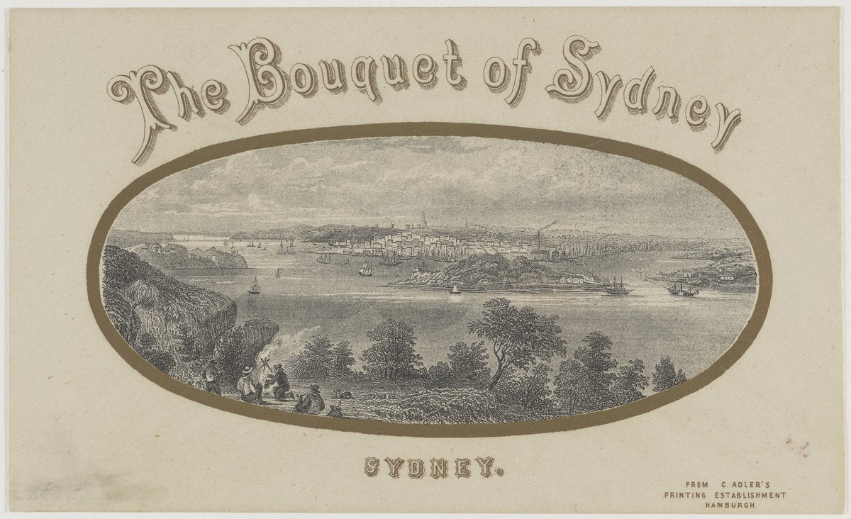 "The Bouquet of Sydney": gilt-printed souvenir cover with a harbour view — illustration, from Port Jackson (Sydney Harbour), New South Wales, circa 1868