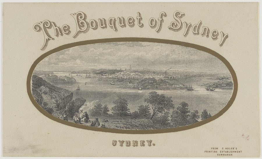 "The Bouquet of Sydney": gilt-printed souvenir cover with a harbour view — illustration, from Port Jackson (Sydney Harbour), New South Wales, circa 1868