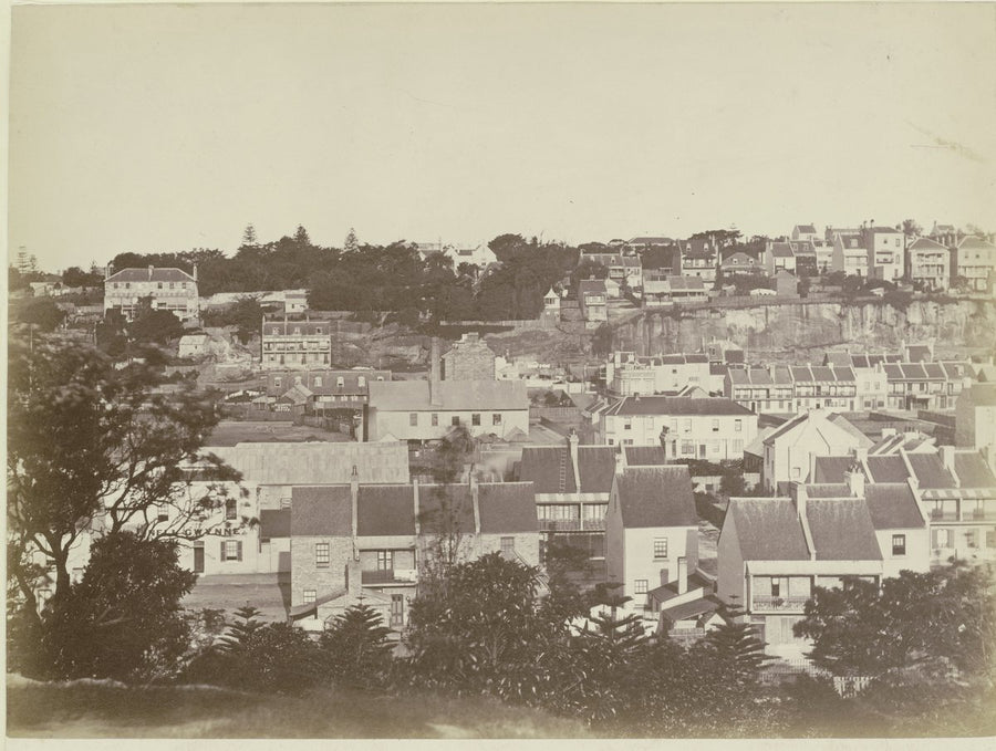 Woolloomooloo rooftops and the Nell Gwynne Hotel below the Potts Point cliffs — photograph, from Woolloomooloo, Sydney, circa 1880