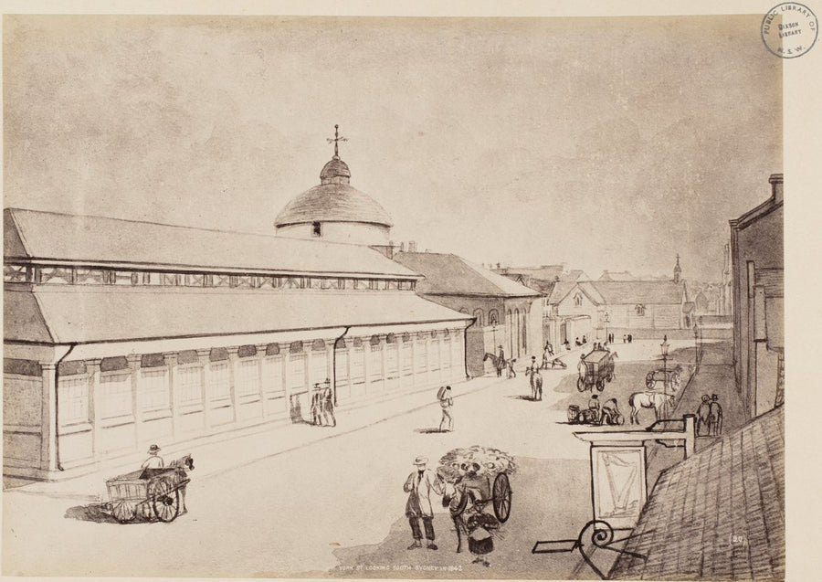 York Street looking south, the Sydney market building, 1842 — illustration, from York Street, Sydney, circa 1870