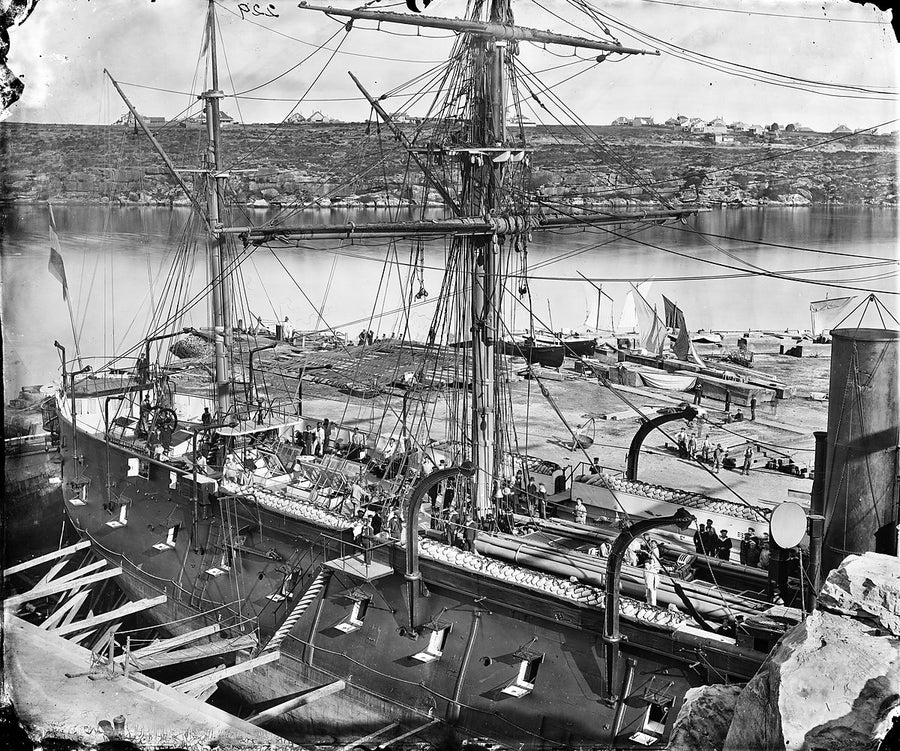 Sailing ship at a wharf, Rose Bay — photograph, from New South Head Road, circa 1870