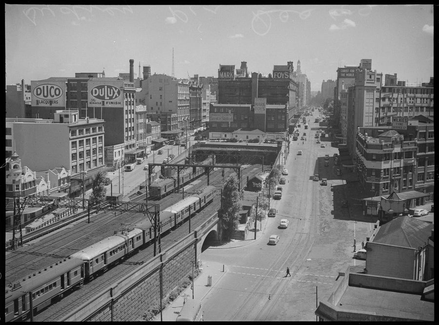 Elizabeth Street and the railway cutting looking north past Mark Foys, Sydney — photograph, from Elizabeth Street, near Central, Sydney, circa 1949