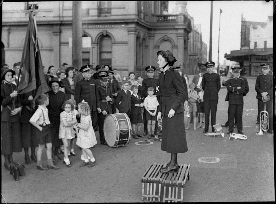 Salvation Army street meeting, Newtown, 1942 — photograph, from Newtown, NSW, circa 1942