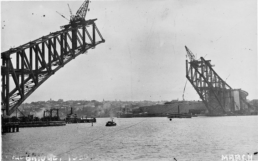 Unjoined arches of the Sydney Harbour Bridge, March 1930 — photograph, from Sydney Harbour Bridge, circa 1930