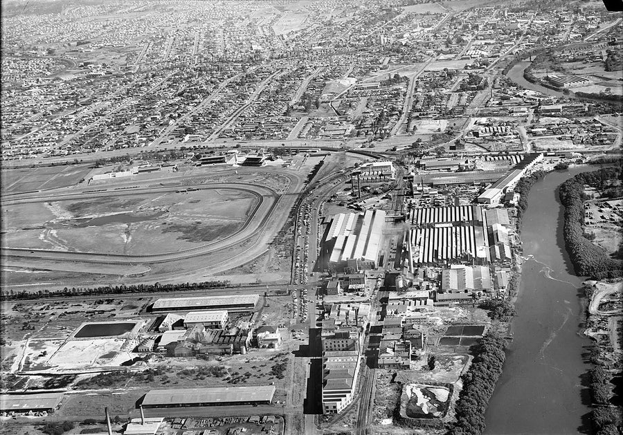 Rosehill racecourse and Camellia's factory riverfront from the air — photograph, from Camellia, circa 1953