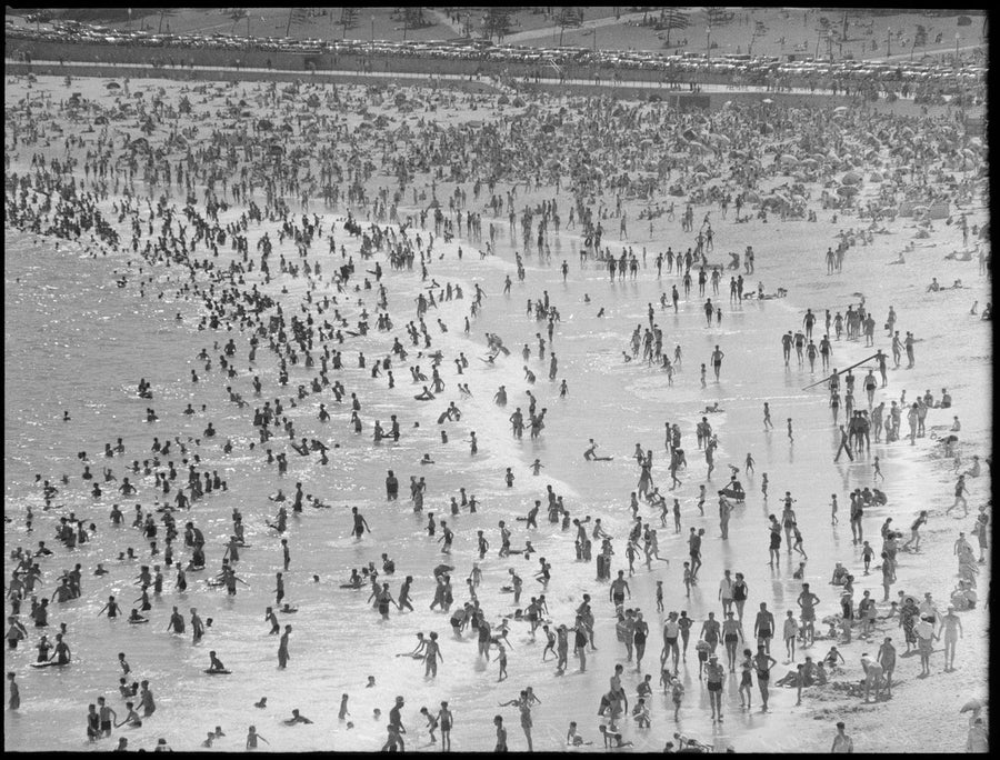 Summer crowds packing a Sydney surf beach — photograph, from null, circa 1950