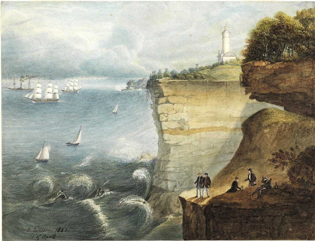 Macquarie Lighthouse and shipping off South Head, 1853 — illustration, from Old South Head Road, circa 1853