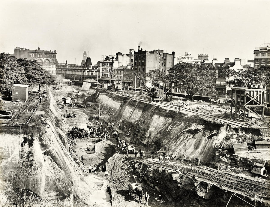 Liverpool Street Station excavation, Sydney City Railway, 1922 — photograph, from Elizabeth Street, circa 1922