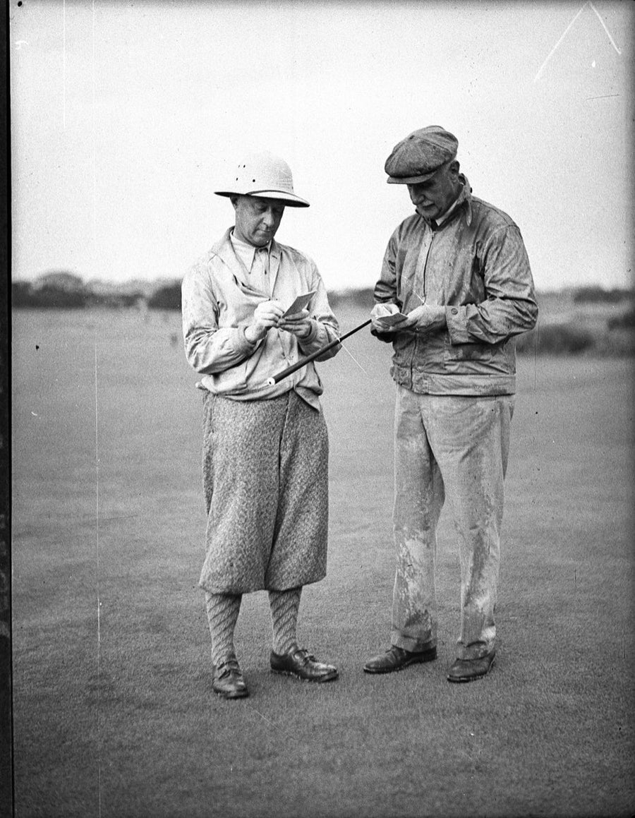 Two golfers comparing scorecards, Royal Sydney Golf Club — photograph, from Royal Sydney Golf Club, Rose Bay, New South Wales, circa 1938