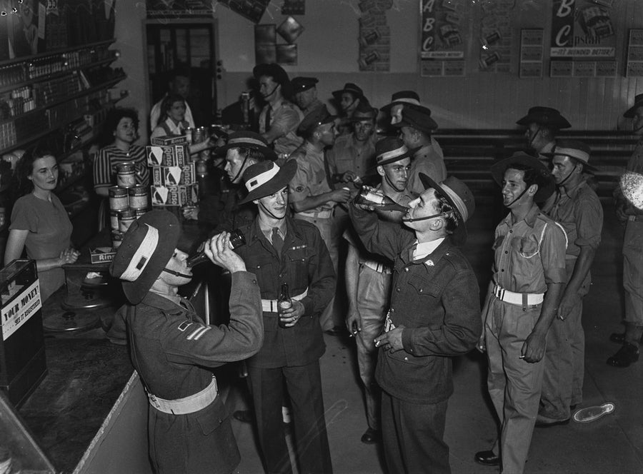 Army recruits at a store counter, Marrickville — photograph, from Marrickville, circa 1948