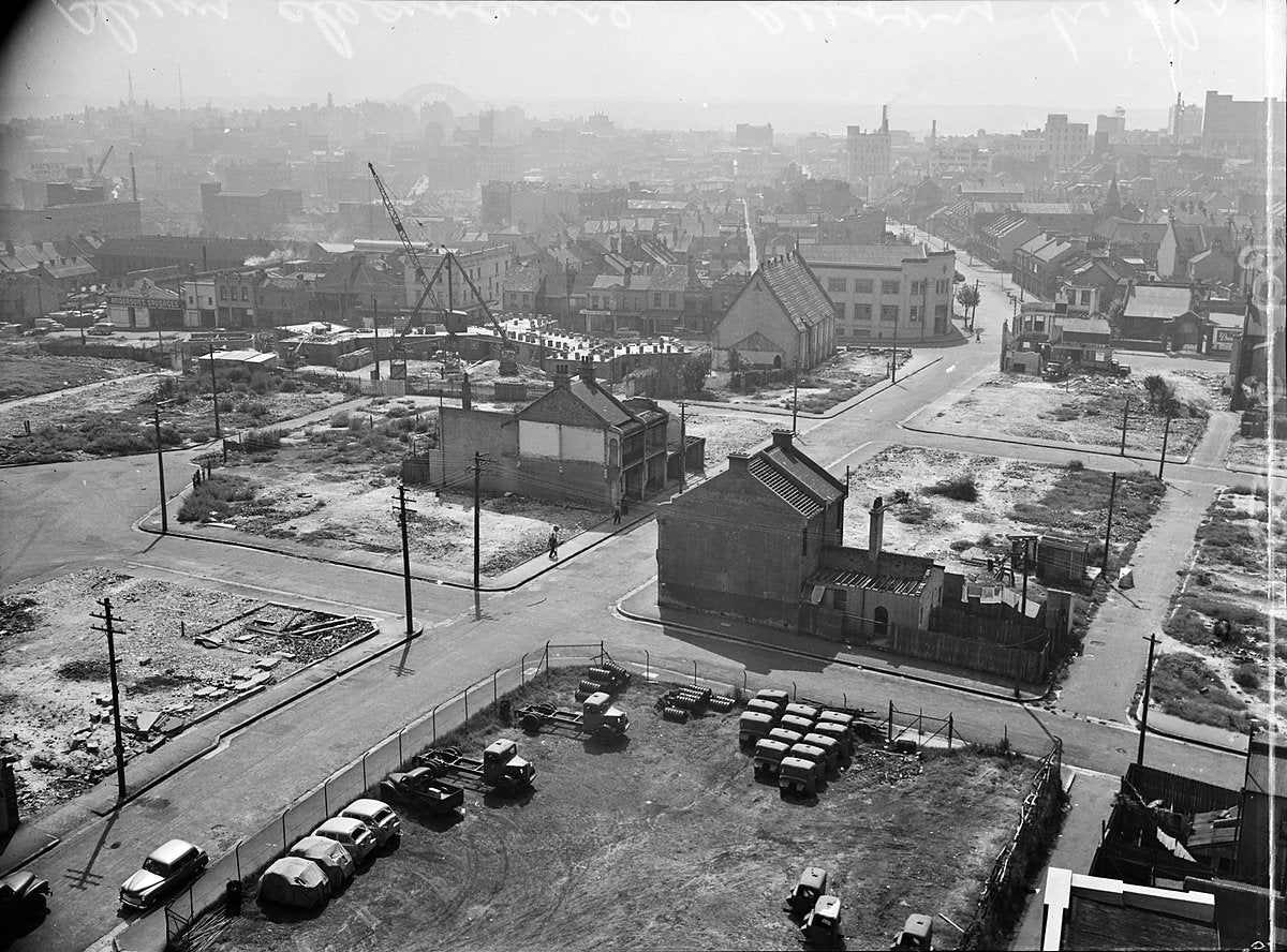 Cleared blocks west of Marlborough Street, Surry Hills, 1950 — photograph, from Marlborough Street, circa 1950