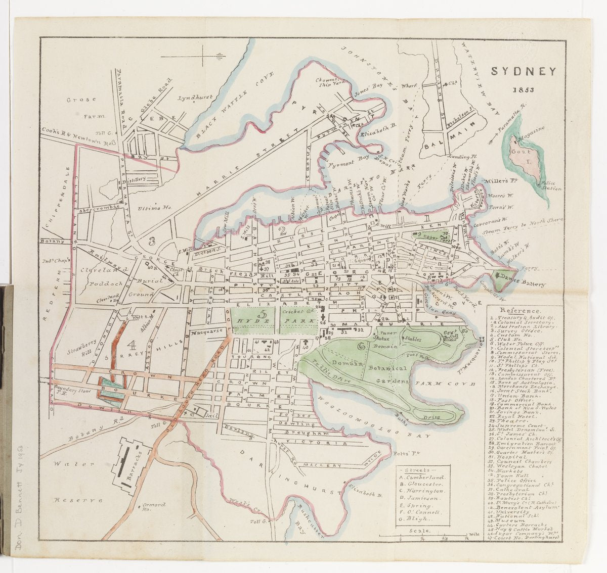 Sydney in 1853: hand-coloured plan of the city and its wards — map, from Sydney, New South Wales, circa 1870