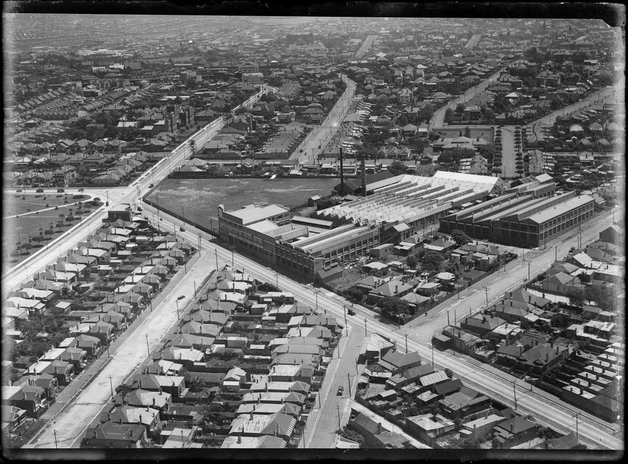 Factory sheds and terraced streets from the air, inner Sydney — photograph, circa 1930