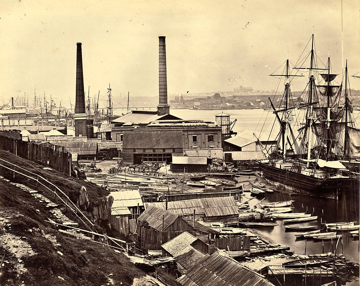 Australian Gas Light Company gasworks and wharves, Darling Harbour — photograph, from Darling Harbour, c. 1870