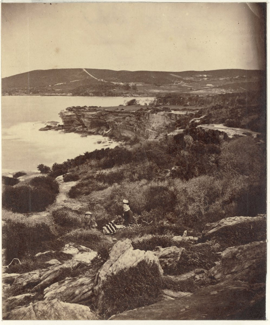 Coogee Bay from the clifftop, with figures in the foreground — photograph, from Coogee Bay, New South Wales, circa 1880