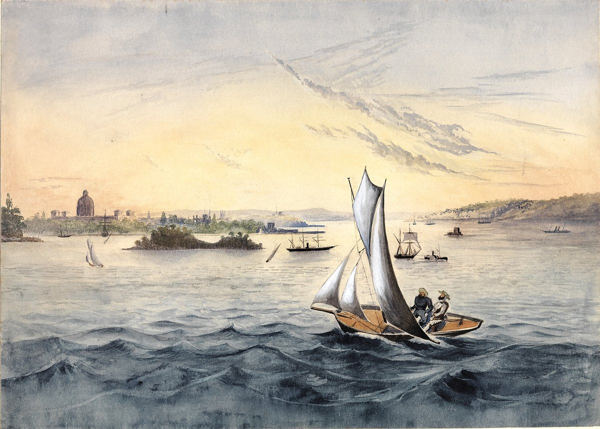 Sailing boat crossing Sydney Harbour, from W. G. Wilson's album — illustration, from Sydney, c. 1870–78