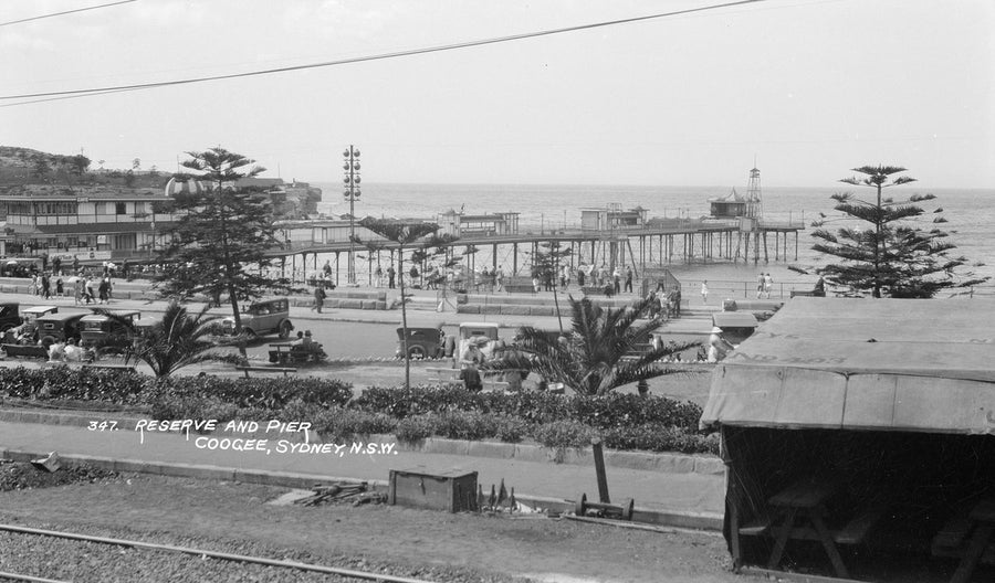 Coogee Pier and beachfront reserve, viewed from above — photograph, from Coogee Pier, Coogee Beach, circa 1928