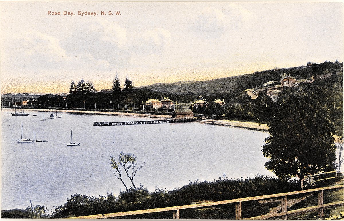 Rose Bay, Sydney: jetty and bathing beach from the ridge — photograph, from Rose Bay, c. 1910–20