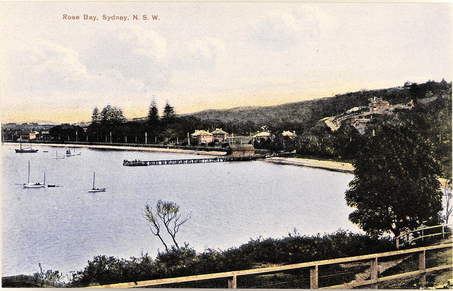 Rose Bay, Sydney: jetty and bathing beach from the ridge — photograph, from Rose Bay, c. 1910–20