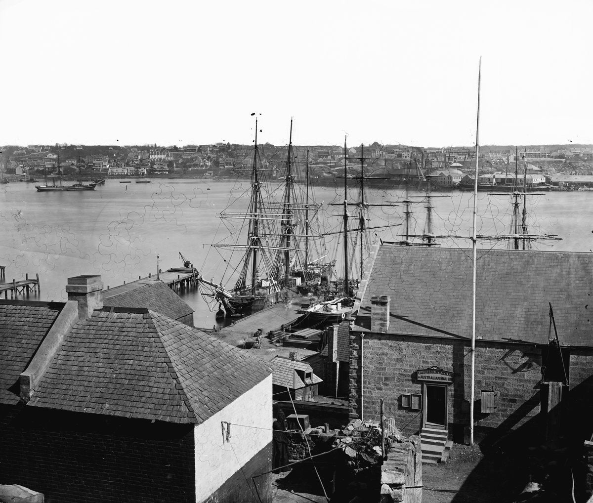 Sailing ships at a Sydney Harbour wharf — photograph, circa 1870