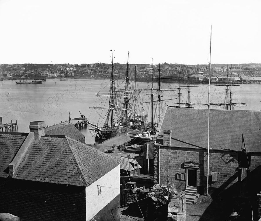 Sailing ships at a Sydney Harbour wharf — photograph, circa 1870