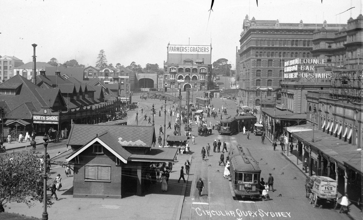 Trams and horse-drawn wagons at Circular Quay, Sydney — photograph, from Sydney CBD, circa 1905