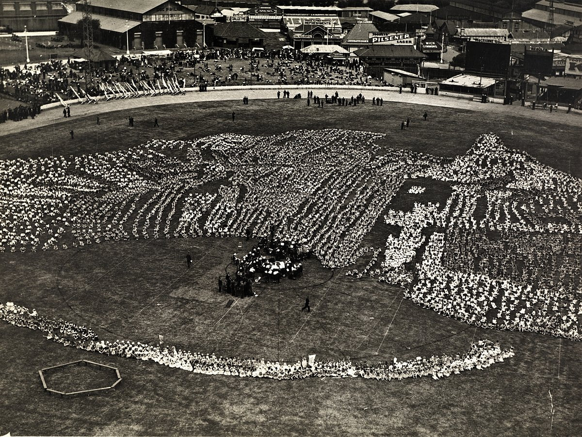 Living map of Australia at the Royal Agricultural Society Showground — photograph, from Driver Avenue, circa 1955